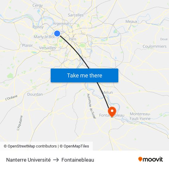 Nanterre Université to Fontainebleau map