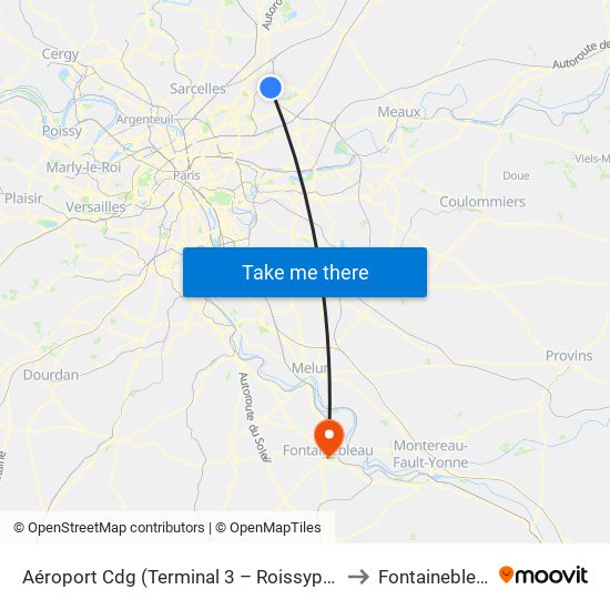 Aéroport Cdg (Terminal 3 – Roissypôle) to Fontainebleau map