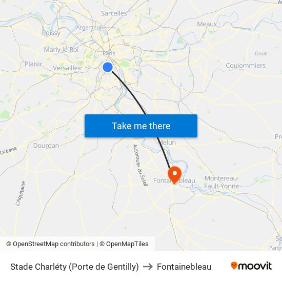 Stade Charléty (Porte de Gentilly) to Fontainebleau map