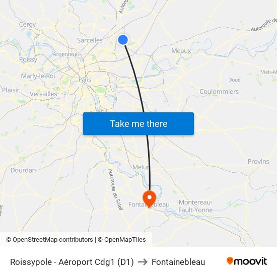 Roissypole - Aéroport Cdg1 (D1) to Fontainebleau map