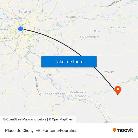 Place de Clichy to Fontaine-Fourches map