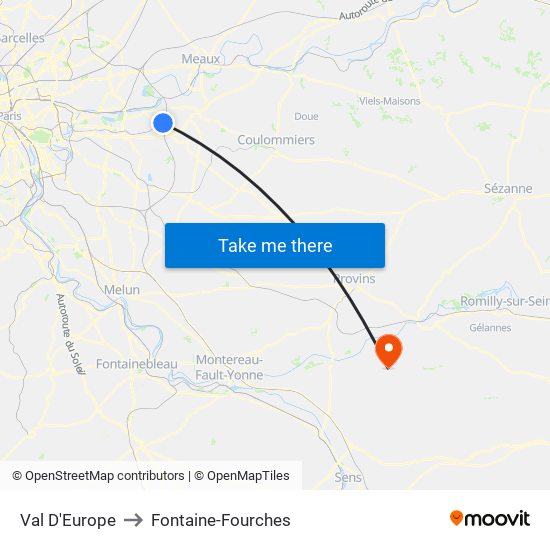 Val D'Europe to Fontaine-Fourches map