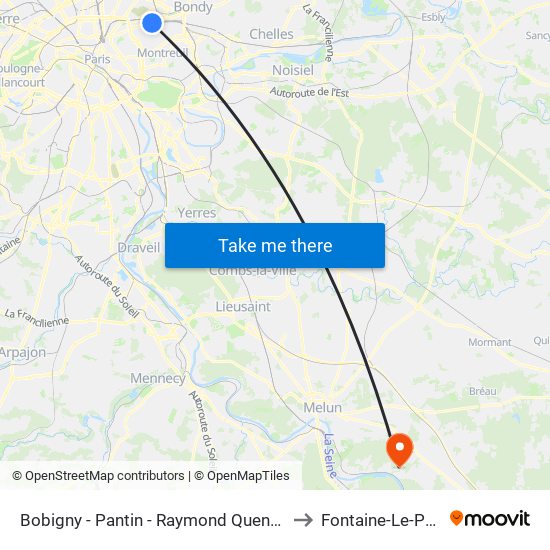 Bobigny - Pantin - Raymond Queneau to Fontaine-Le-Port map