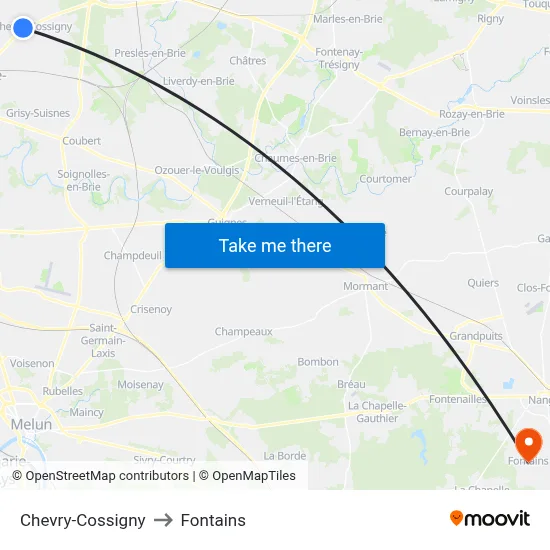 Chevry-Cossigny to Fontains map