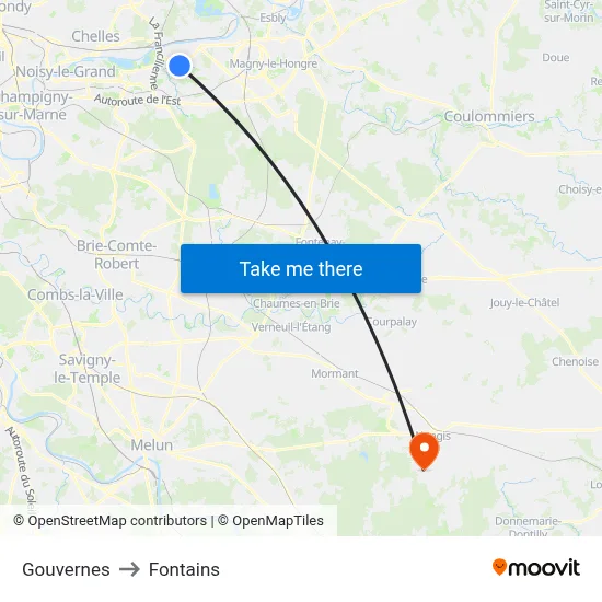 Gouvernes to Fontains map