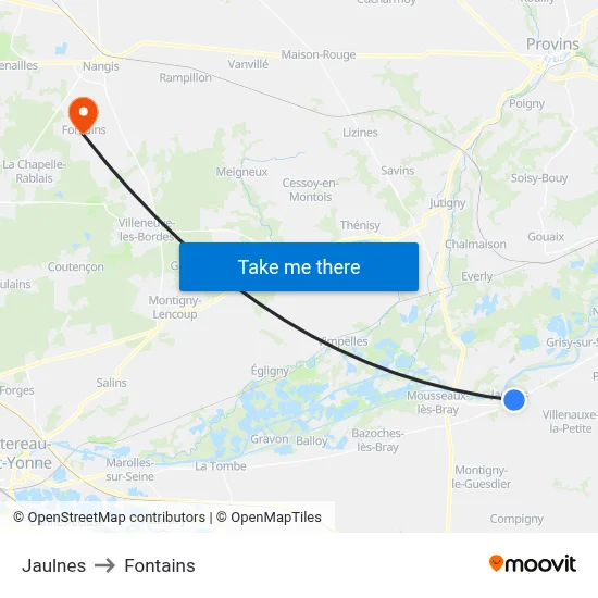 Jaulnes to Fontains map