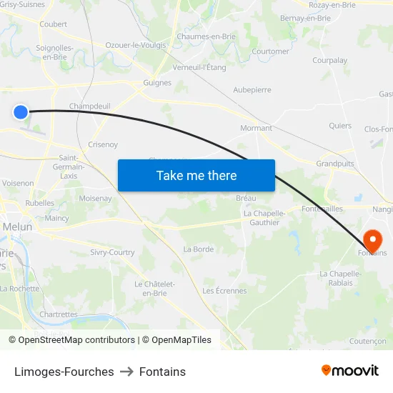 Limoges-Fourches to Fontains map