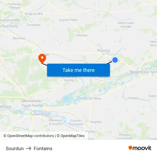 Sourdun to Fontains map