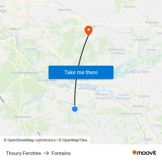 Thoury-Ferottes to Fontains map