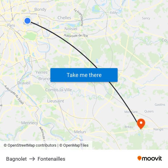 Bagnolet to Fontenailles map