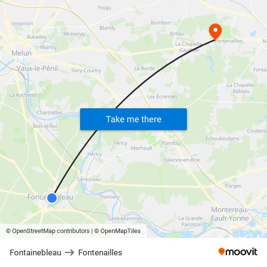 Fontainebleau to Fontenailles map