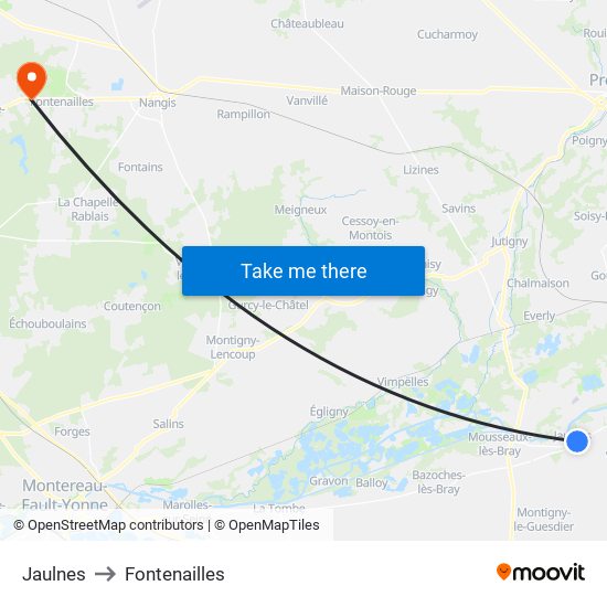 Jaulnes to Fontenailles map
