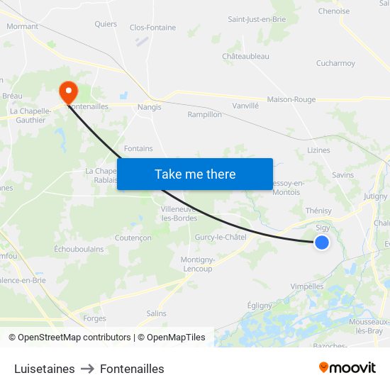 Luisetaines to Fontenailles map