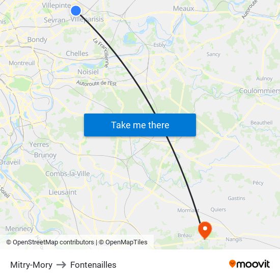 Mitry-Mory to Fontenailles map