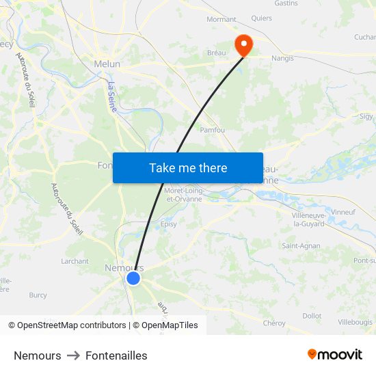 Nemours to Fontenailles map
