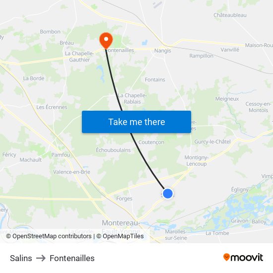 Salins to Fontenailles map