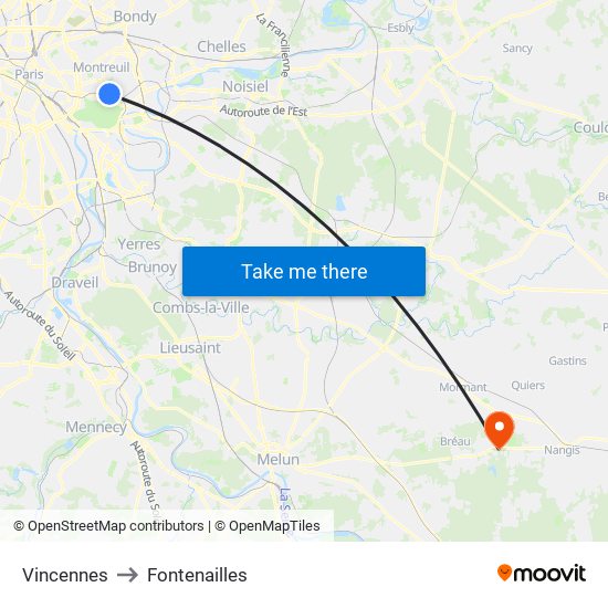 Vincennes to Fontenailles map