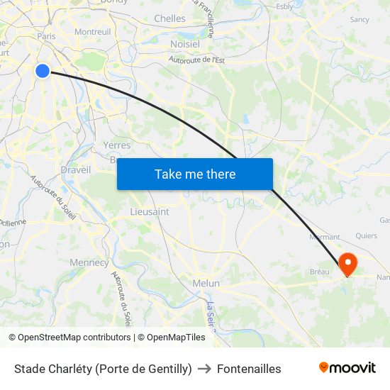 Stade Charléty (Porte de Gentilly) to Fontenailles map