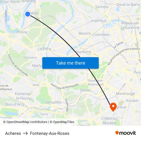 Acheres to Fontenay-Aux-Roses map