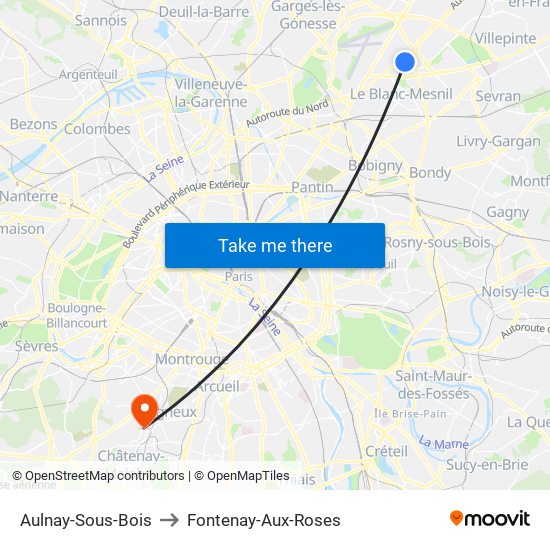 Aulnay-Sous-Bois to Fontenay-Aux-Roses map