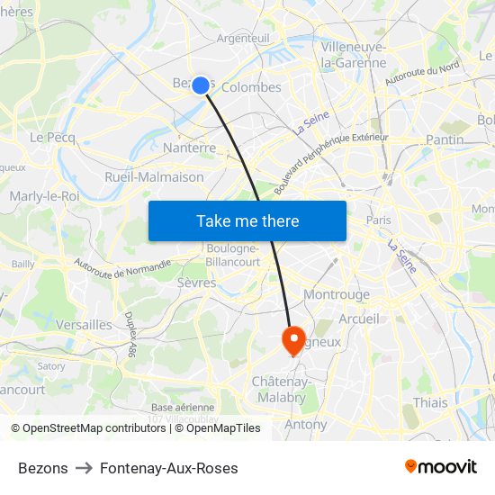 Bezons to Fontenay-Aux-Roses map