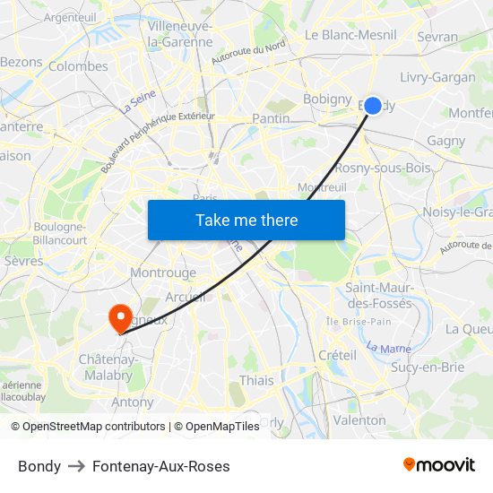 Bondy to Fontenay-Aux-Roses map