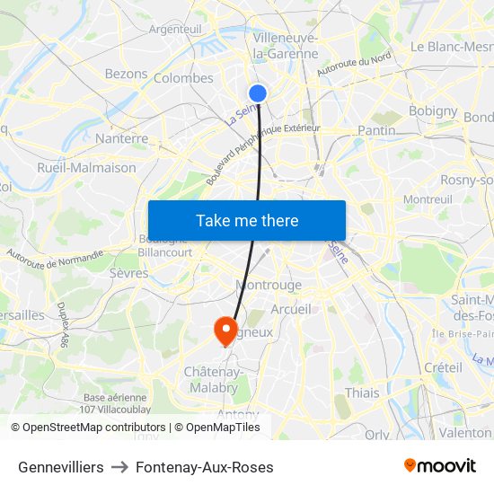 Gennevilliers to Fontenay-Aux-Roses map