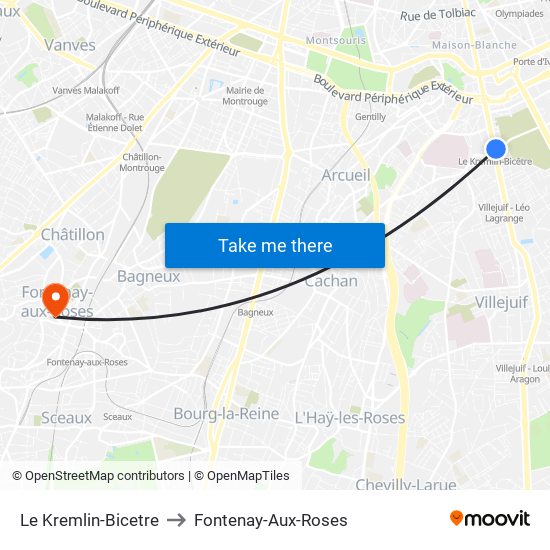 Le Kremlin-Bicetre to Fontenay-Aux-Roses map