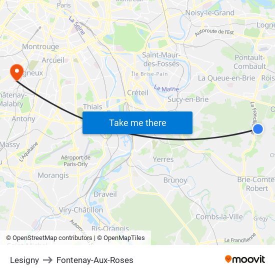 Lesigny to Fontenay-Aux-Roses map