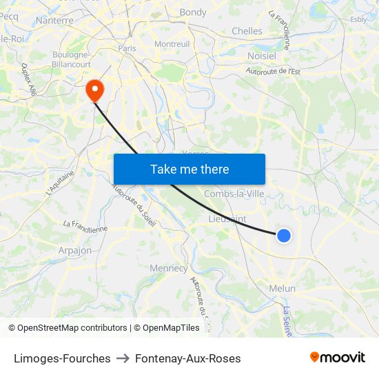 Limoges-Fourches to Fontenay-Aux-Roses map