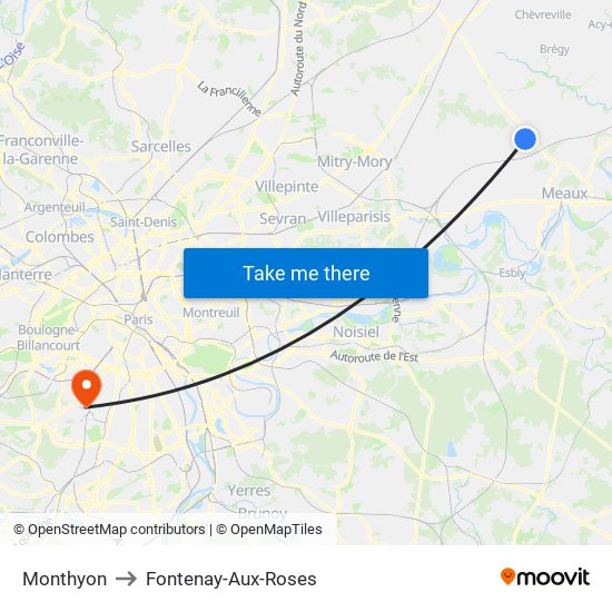 Monthyon to Fontenay-Aux-Roses map