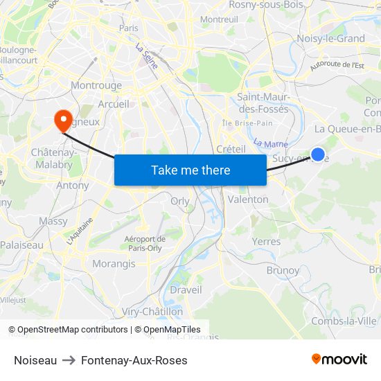 Noiseau to Fontenay-Aux-Roses map