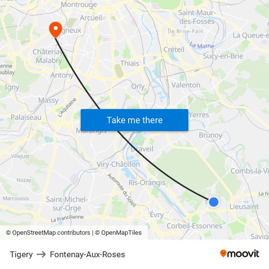 Tigery to Fontenay-Aux-Roses map