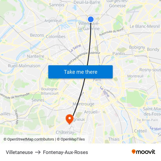 Villetaneuse to Fontenay-Aux-Roses map