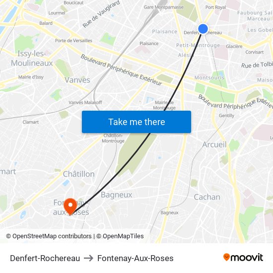 Denfert-Rochereau to Fontenay-Aux-Roses map