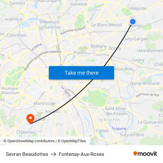 Sevran Beaudottes to Fontenay-Aux-Roses map