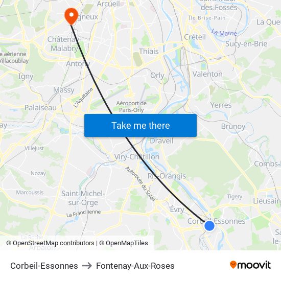 Corbeil-Essonnes to Fontenay-Aux-Roses map