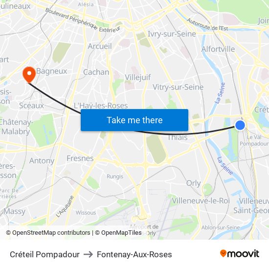 Créteil Pompadour to Fontenay-Aux-Roses map