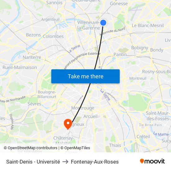 Saint-Denis - Université to Fontenay-Aux-Roses map