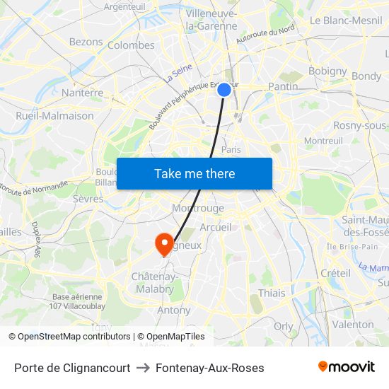 Porte de Clignancourt to Fontenay-Aux-Roses map