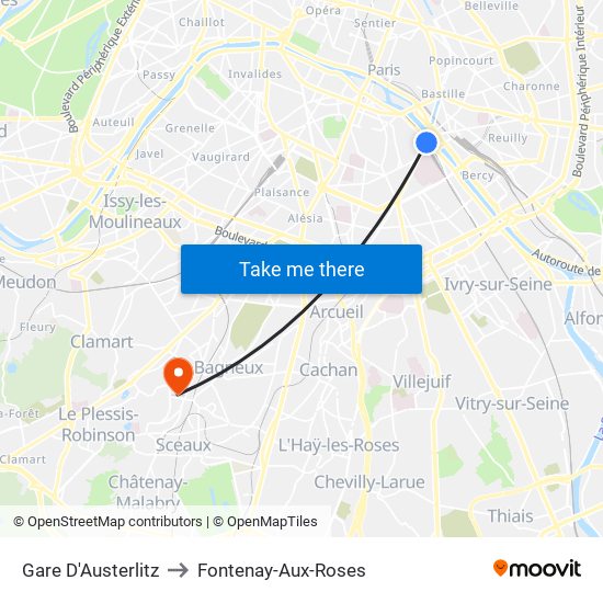 Gare D'Austerlitz to Fontenay-Aux-Roses map