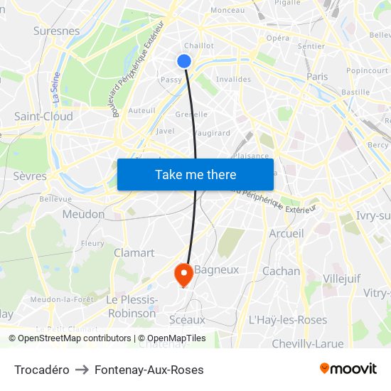 Trocadéro to Fontenay-Aux-Roses map