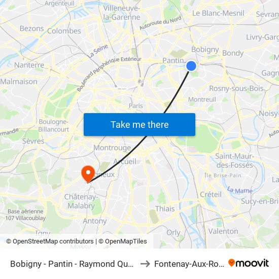 Bobigny - Pantin - Raymond Queneau to Fontenay-Aux-Roses map
