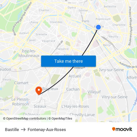 Bastille to Fontenay-Aux-Roses map
