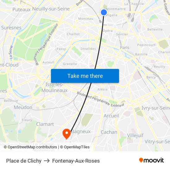 Place de Clichy to Fontenay-Aux-Roses map