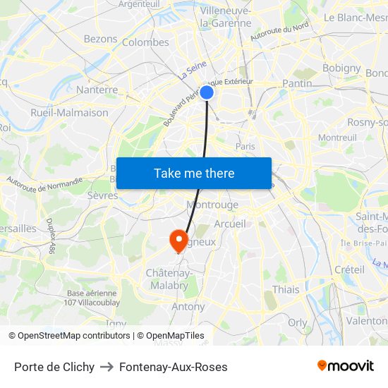 Porte de Clichy to Fontenay-Aux-Roses map