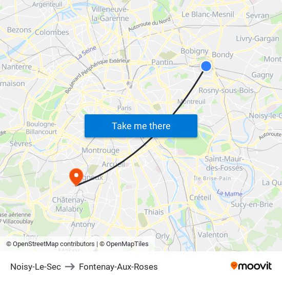 Noisy-Le-Sec to Fontenay-Aux-Roses map