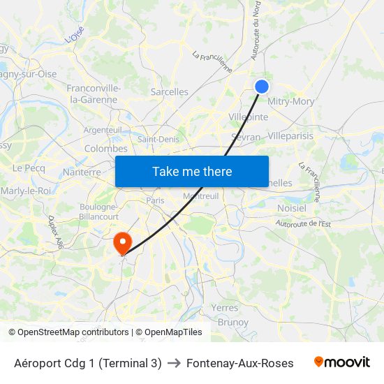 Aéroport Cdg 1 (Terminal 3) to Fontenay-Aux-Roses map