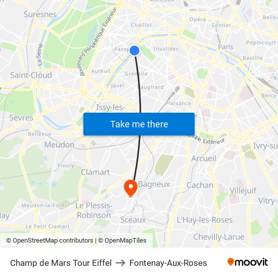 Champ de Mars Tour Eiffel to Fontenay-Aux-Roses map