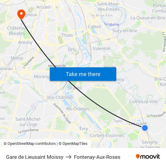 Gare de Lieusaint Moissy to Fontenay-Aux-Roses map